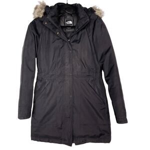 The North Face Womens Small Black Arctic Down Parka Jacket Faux Fur Hood Winter
